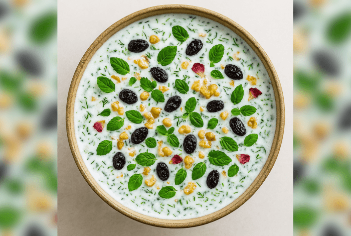 A bowl full of colourful Persian yoghurt soup with herbs and spices.