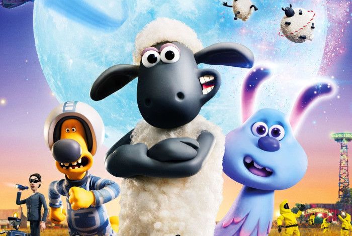 Cartoon character of a sheep with two dogs standing.