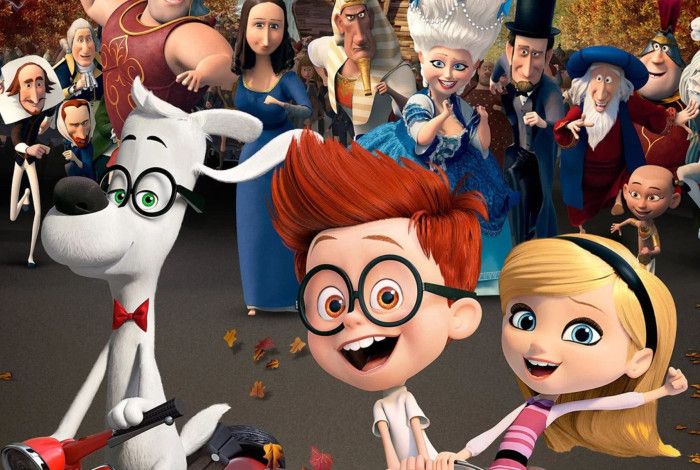 Cartoon character: a boy wearing glasses smiling, a girl with blonde hair and a white dog wearing glasses with many people in the background