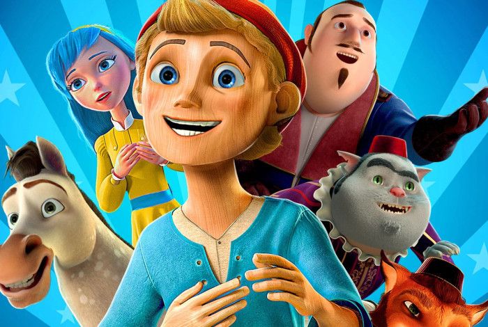 cartoon character pinocchio with his friends at the background
