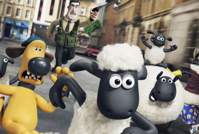 Cartoon characters, 2 sheeps and a dog running away from a person chasing them