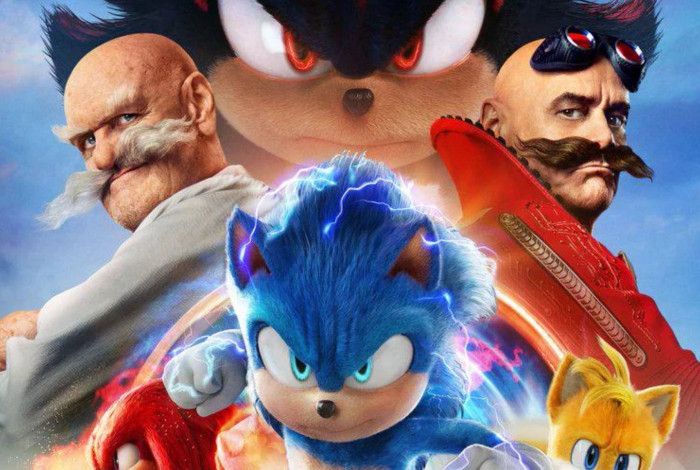 Cartoon character, Sonic, Knuckles and Tails with some of the villains at the background.