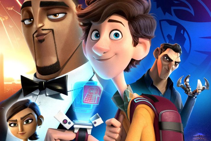 Cartoon character, 1 boy and one girl who look nice and 2 older men who look bad.