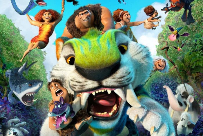 Cartoon characters of a green tiger and some ice aged people at the background.