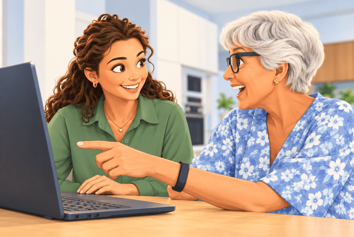 Two drawn people looking at the computer
