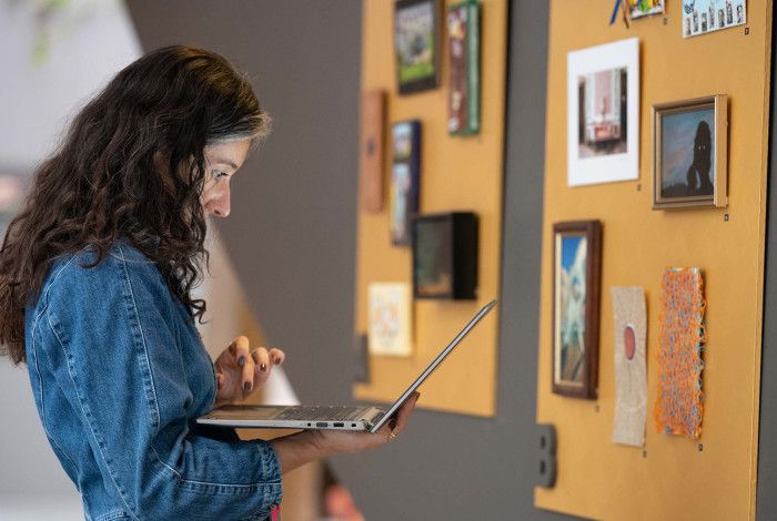 A person looking at a laptop at an exhibition