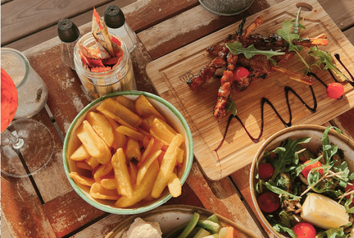 Food on plates and boards