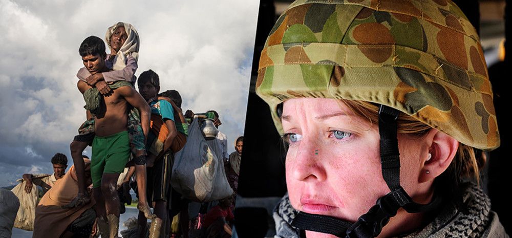 Two images, refugees and close up of soldier