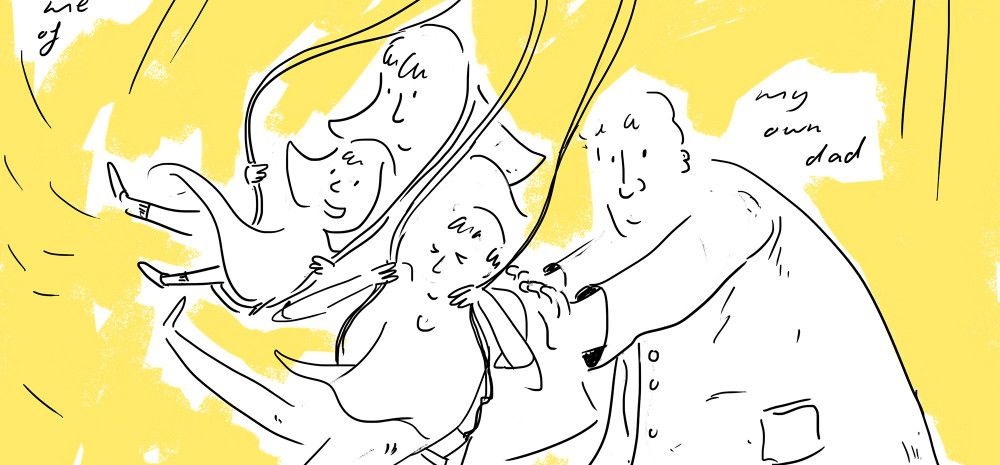 Cartoon on man pushing kids on swings
