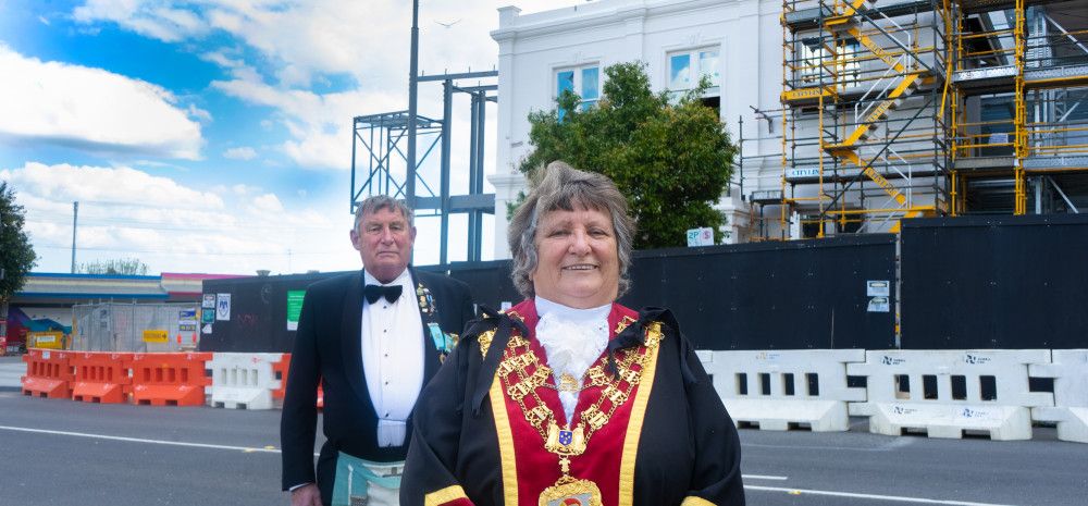 Mayor Cr Angela Long and her husband Barry at the time capsule and redevelopment site, 5 Mason Street, Dandenong