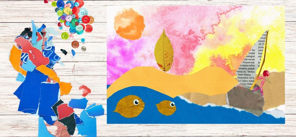Colourful painting, multicolored buttons, multicolored papers pieces