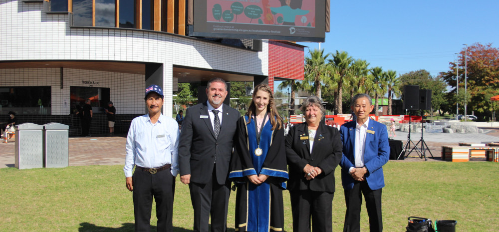 Junior Mayor Mya Durakovic with Mayor Jim Memeti and Greater Dandenong City councillors.