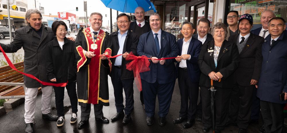 Greater Dandenong Councilloes and local MPs cutting the ribbon to open the new precinct