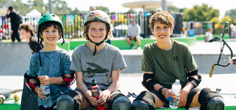 Three young skaters at the Noble Park Skate Park