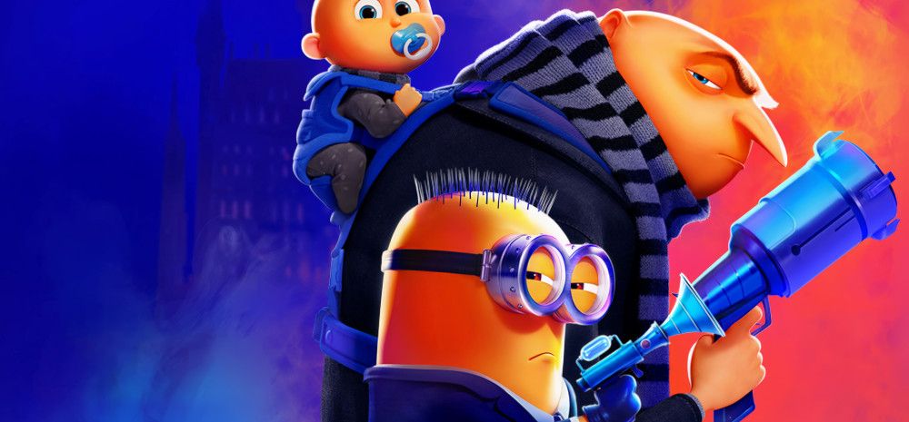 Despicable Me movie poster showing Gru with a baby on his back and a minion