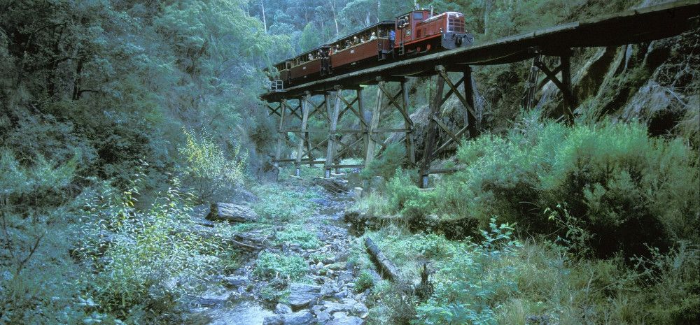 train going across a trestle bridge 