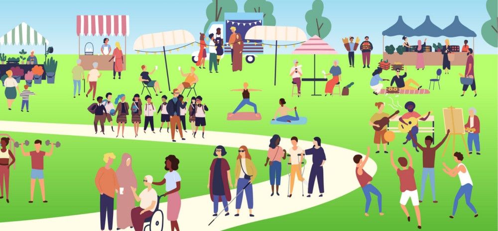 Illustration of various people and community groups enjoying an outdoor space
