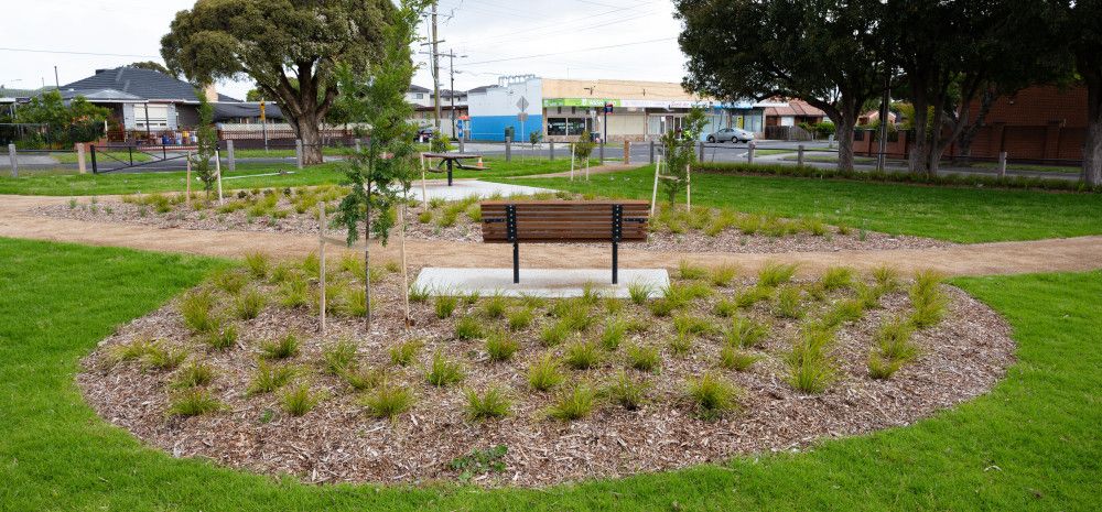 Overlooking a park bench in the middle of a grassy park
