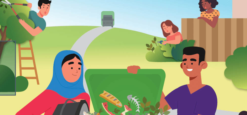 A drawing of people putting rubbish in the green bin