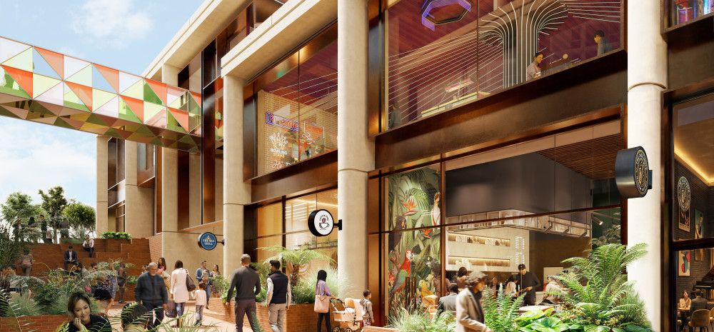 Artist's impression of people walking though a shopping area next to a residential building