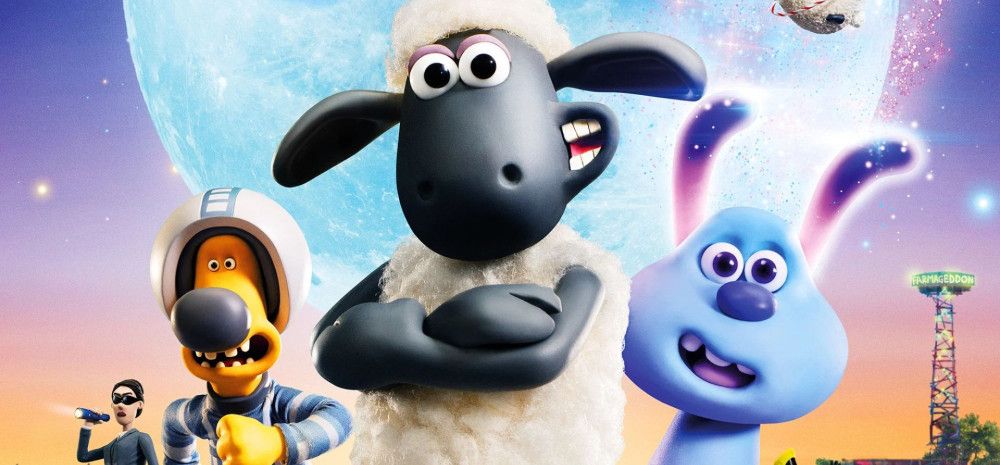 Cartoon character of a sheep with two dogs standing.
