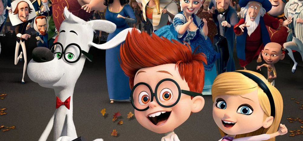 Cartoon character: a boy wearing glasses smiling, a girl with blonde hair and a white dog wearing glasses with many people in the background
