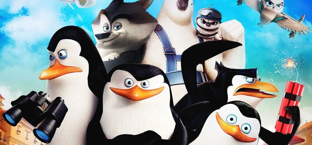 5 penguins with an airplane as a background