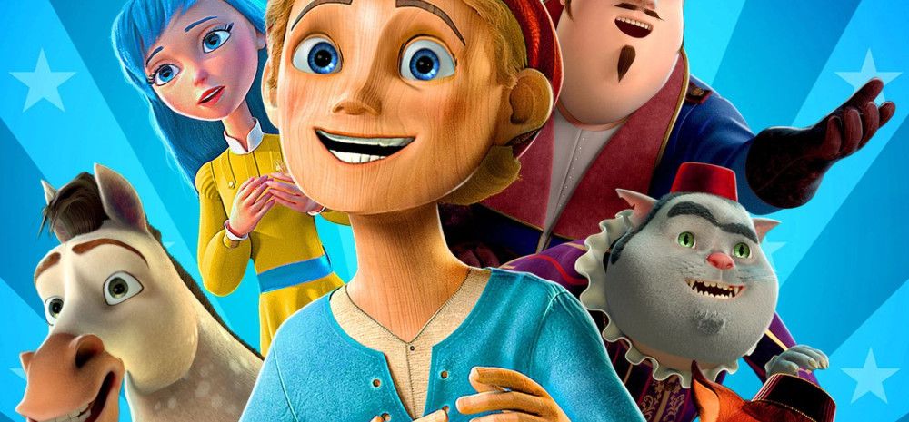 cartoon character pinocchio with his friends at the background