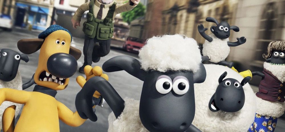 Cartoon characters, 2 sheeps and a dog running away from a person chasing them