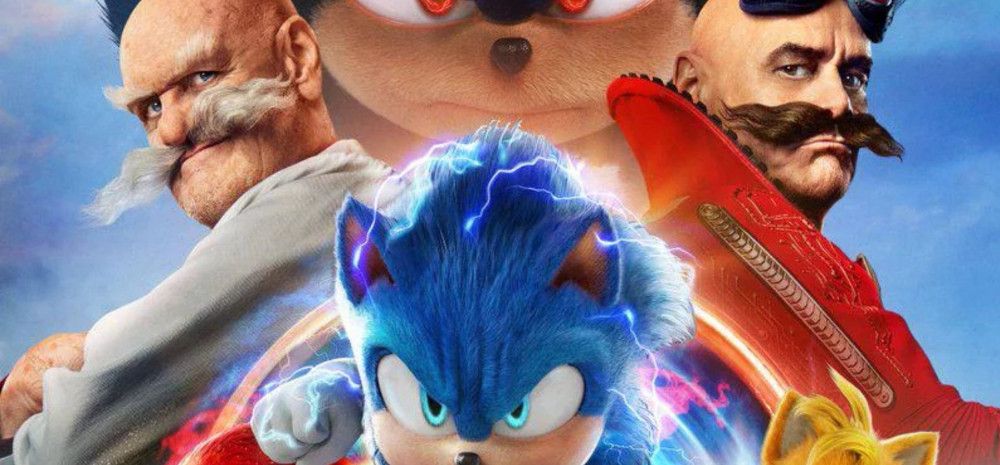 Cartoon character, Sonic, Knuckles and Tails with some of the villains at the background.
