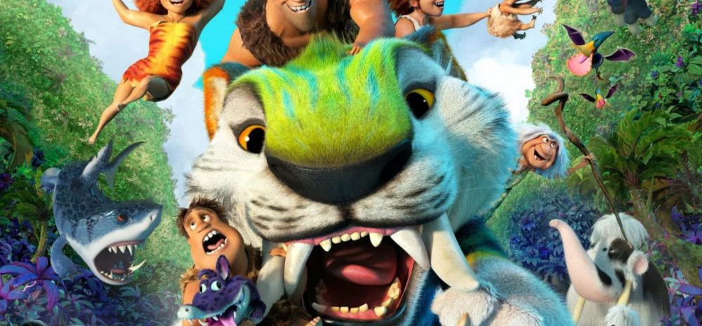 Cartoon characters of a green tiger and some ice aged people at the background.