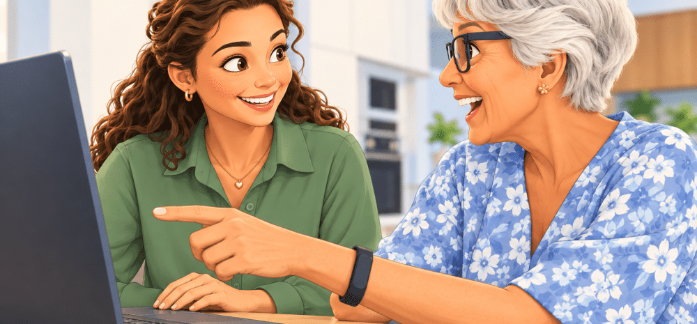 Two drawn people looking at the computer