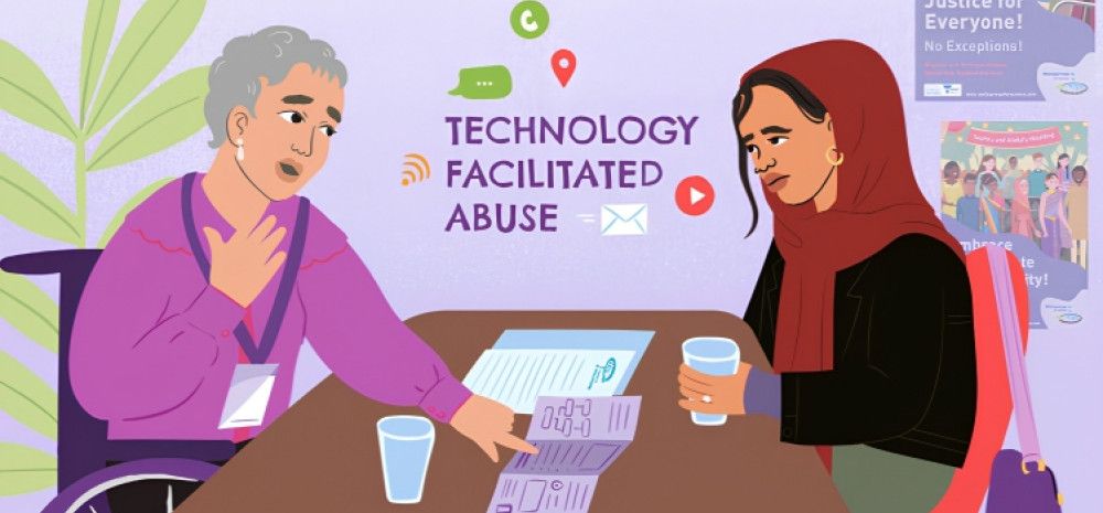 Illustration of two women sitting across a table from each other in the background are the words technology facilitated abuse.
