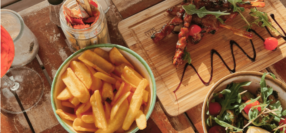 Food on plates and boards