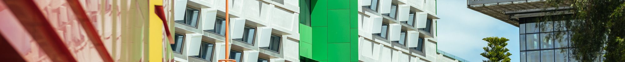 Dandenong Civic Centre - building with green and red paint
