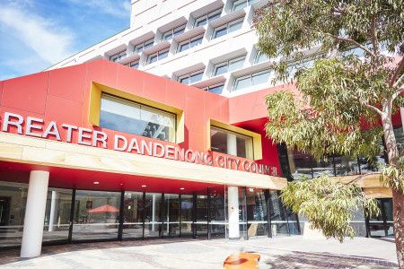 Red building with the sign Greater Dandenong City Council on the front