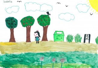 Drawing of open space with a person on tree-lined path and recycling bin