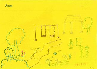 Drawing of a playground with trees, birds and people