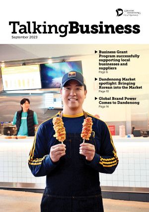 Cover of magazine Talking Business September 2023 with man holding kebabs